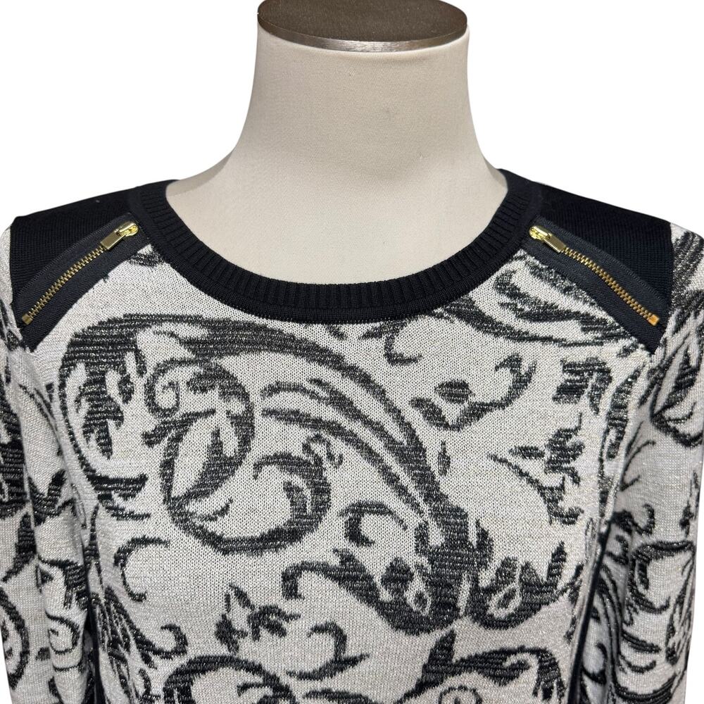 Chico's Collection Lurex Jacquard Sweater Black Neutral 1 / Medium - Picture 2 of 6